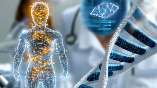 A digital visualization showcases the human body with glowing data points, while a medical professional analyzes DNA strands in a high-tech setting, highlighting advancements in healthcare