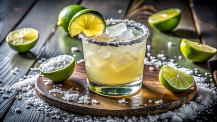 Refreshing margarita cocktail garnished with lime and salt on a wooden background