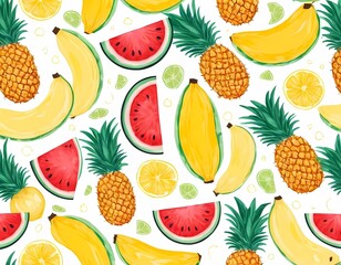 Seamless tropical fruit pattern in hand-drawn style on white background. perfect for packaging and textiles.