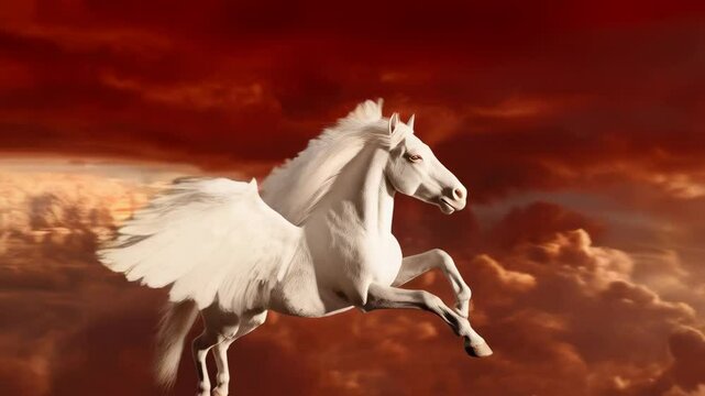 Majestic white pegasus soars through an expressive sky, its wings spread wide, bathed in a warm, ethereal glow amid swirling clouds.