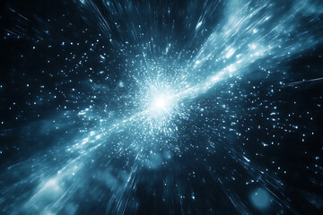 A cosmic explosion of blue light radiating outwards in a dark space environment with particles flying