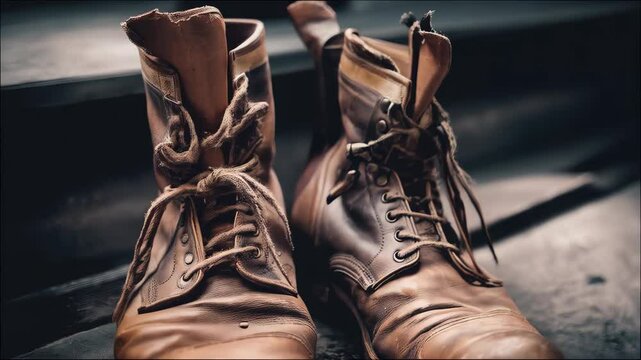 Leather boots standing on concrete steps in a close-up view, worn and scuffed boots with leather laces and metal eyelets