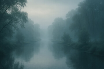 Fototapeta premium River flowing calmly amidst trees and fog.