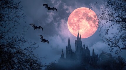 Fototapeta premium Gothic castle sits atop hill surrounded by trees under full moonlit sky with flying bats. Silhouetted towers and dark forest create dramatic nighttime scene. Generative by AI
