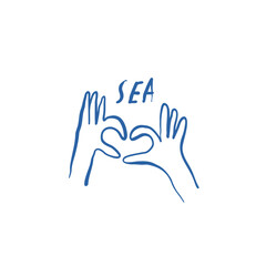 Romantic sea illustration with hand drawn heart gesture and standalone lettering on white background. Vector illustration.