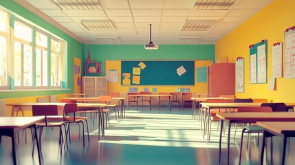 Cartoon Style Empty Classroom Render: Bright Interior for Educational Concepts and Flexible Learning Environments