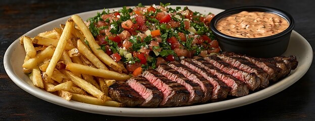 Sliced steak, fries, salad, and sauce