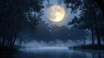 Fototapeta premium Full moon rises behind dense pine forest shrouded in mist. Tall trees create layered silhouette against glowing sky at twilight. Generative by AI