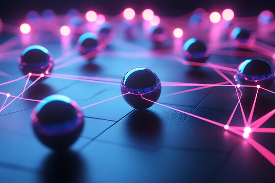 Abstract network with shiny spheres connected by glowing pink lines on a dark blue surface