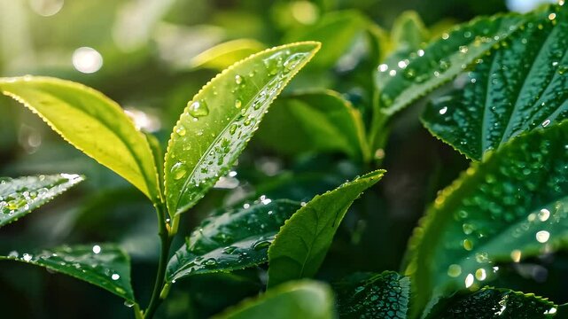 Fresh Green Tea Leaves with Dewdrops in Sunlight