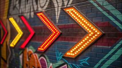 Neon Nightclub Vibes – Graffiti Walls and Lights Series, Neon arrows illuminate a colorful urban wall with graffiti art, creating a vibrant street scene.