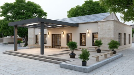 Fototapeta premium Detailed render of a net-zero school campus with rooftop solar panels, shaded outdoor amphitheater beneath solar pergolas, ground-source heat pump wells in courtyard, and interactive energy-use