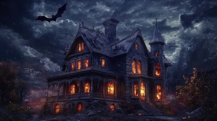 Large Victorian-style house on hill with glowing windows, surrounded by fog and bare trees. Flock of bats flies across cloudy yellow sky. Generative by AI