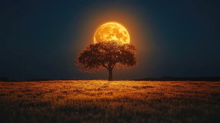 Single tree on grassy hill under full moon in starry night sky, tree casts shadow, surrounding landscape mostly flat with gentle hills. Generative by AI