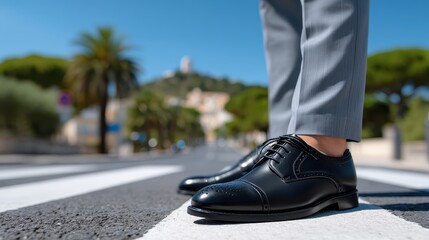 Close up of black leather brogue shoes on a person's feet, standing on a road with a blurred background of a cityscape and palm trees under a bright sunny sky.
