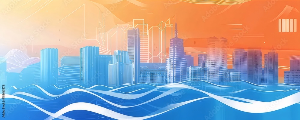 Poster 青い波の上の抽象的なデジタル都市景観の背景に、オレンジの空と幾何学的なラインのアートワーク