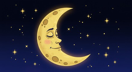 Naklejka premium Smiling Moon and Stars Cartoon Illustration 