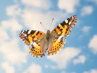 Brightly Colored Butterfly Soaring in a Clear Blue Sky with Fluffy Clouds
