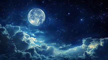 Full moon surrounded by stars and clouds in deep night sky, moonlight filtering through gaps in dense cloud cover. Generative by AI