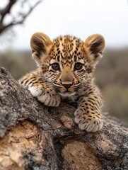 Fototapeta premium A cute leopard cub sits on a rock, looking directly at the camera with wide eyes. Its fluffy face and paws are visible in detail.