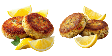 Golden Brown Fish Cakes with Lemon Wedges Isolated on a Transparent Background