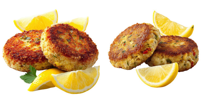 Golden Brown Fish Cakes with Lemon Wedges Isolated on a Transparent Background