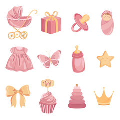 It's a girl elements New born pink flat illustrations Dress bow muffin present