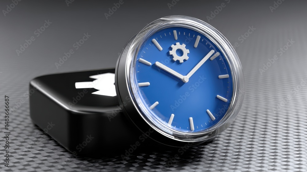 Poster close up of a blue clock with silver accents next to a black cube on a textured surface. the clock f