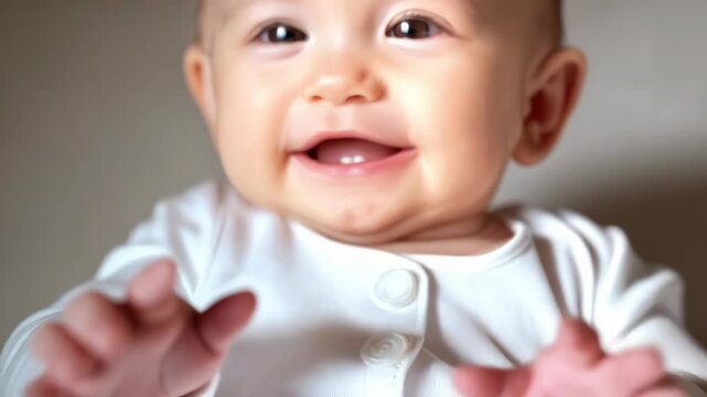 Close-up portrait of a joyful baby face with big eyes, white shirt and little teeth showing a smile