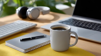 Home office workspace with laptop, coffee, notebook, pen, and headphones on a yellow surface.
