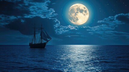 Large full moon shines brightly over calm ocean where a sailboat with full sails floats, moonlight reflects across water surface, clouds scattered on horizon. Generative by AI