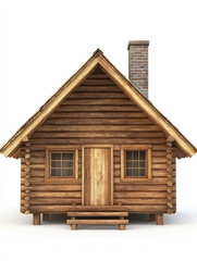 Rustic Log Cabin: A charming rustic log cabin with a pitched roof, a brick chimney, a wooden door and two windows. The cabin is nestled in a peaceful setting with lush green foliage.