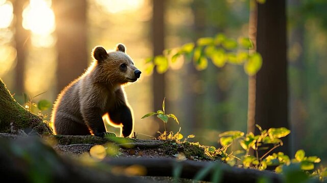 Brown bear cub sitting in forest sunlight wildlife animal young mammal woods nature
