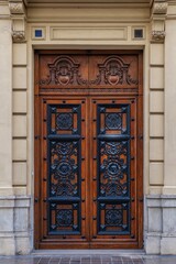 Obraz premium Elaborate Carved Wooden Doors with Dark Metal Accents in Valencia, Spain. Architectural Detail, Historic Entrance, Ornate Doorway, Wood Carving, Metal Decoration, Traditional Design, Architecture