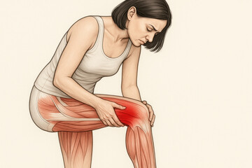 Woman grimacing in pain, holding her knee.