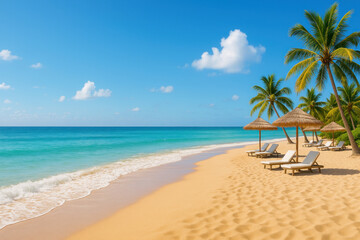 Obraz premium Lounge chairs under palm trees on a sunny beach.