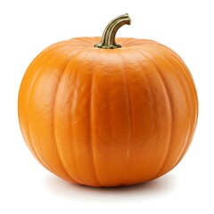 Obraz premium A single orange pumpkin with a green stem sits isolated on a white background