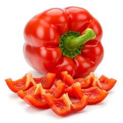 A whole red bell pepper with slices arranged in front isolated on a white background
