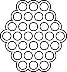 Vertical grid layout of bubble-like circles forming a hexagonal column structure.