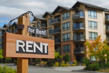 Wood Post Sign Displaying Rent and For Rent with Buildings in the Background