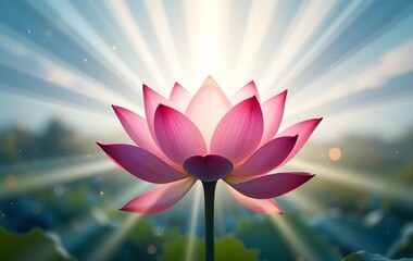 Lotus flower blooming with radiant light beams extending outwards, pink lotus shinning or glowing with light rays 