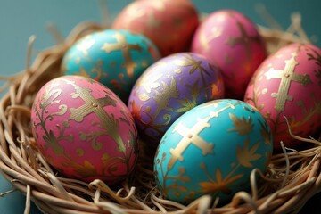 Fototapeta premium Intricately decorated Easter eggs with religious symbols, including crosses and doves , spring holiday, art