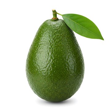 A fresh green avocado with a leaf isolated on a white background