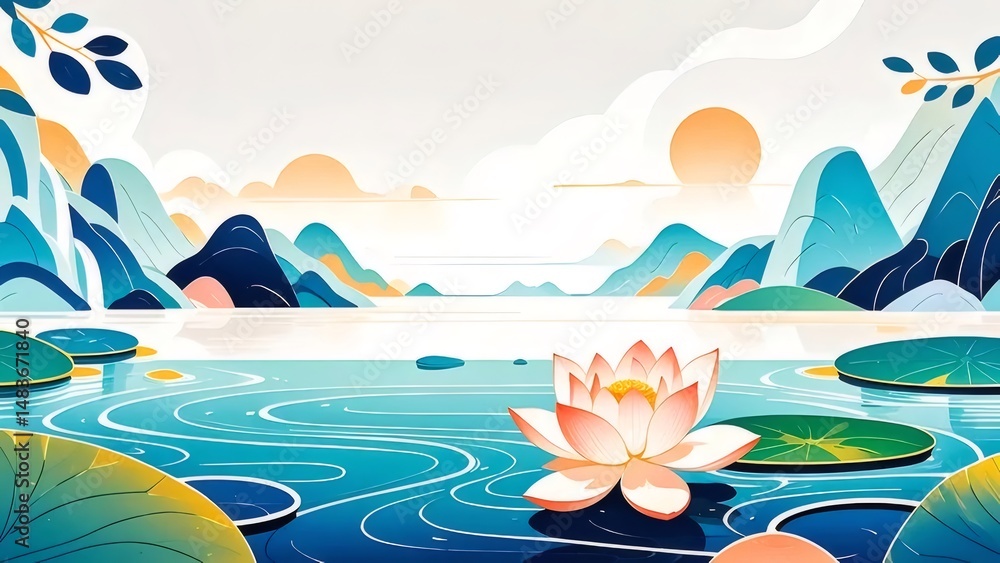 Aufkleber 水面に浮かぶ蓮の花と山々背景の静かな風景 デジタルアート水彩スタイル