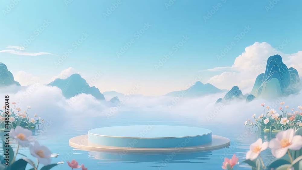 Poster 水上の円形プラットフォームと背景に山と雲のパノラマ風景 静けさと平和な水面と花模様のファンタジー風景
