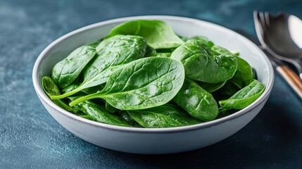 Fresh spinach leaves in a light gray bowl on a dark blue background. Water droplets are visible on the leaves.
