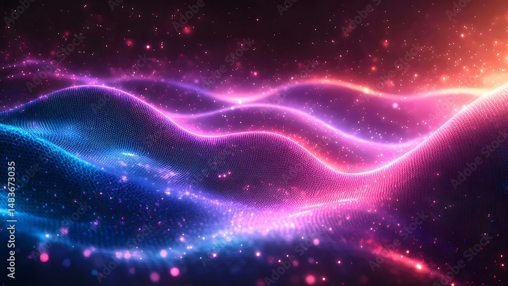 Aufkleber 紫と青のグラデーションの背景に浮かぶ抽象的なデジタル波と輝く粒子が特徴の未来的なモーション グラフィック