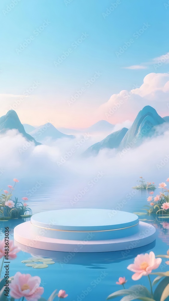 Poster パステルカラーの風景 ピンクの花と雲に覆われた山と水面の穏やかな背景に水色のステージ