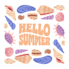 A vibrant vector illustration featuring a variety of colorful seashells and sea creatures arranged around the text HELLO SUMMER, celebrating the joys of summer and the ocean.