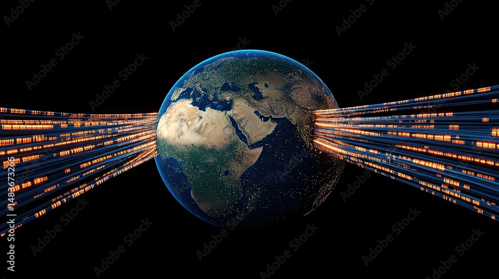 Poster a digital representation of earth with data streams flowing around it against a black background